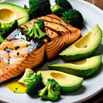 A vibrant plate of low-carb food, featuring grilled salmon, broccoli, avocado slices, and a drizzle of olive oil.