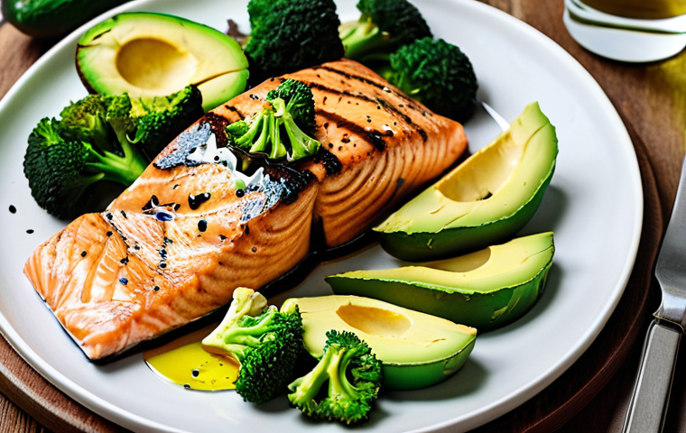 A vibrant plate of low-carb food, featuring grilled salmon, broccoli, avocado slices, and a drizzle of olive oil.