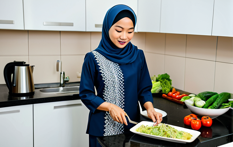 **
A Malaysian woman in professional attire, fully clothed in a modest baju kurung, preparing a low-carb meal in a modern kitchen, with fresh vegetables and lean protein visible. Safe for work, appropriate content, perfect anatomy, natural proportions, well-formed hands, proper finger count, family-friendly, professional food photography.
**