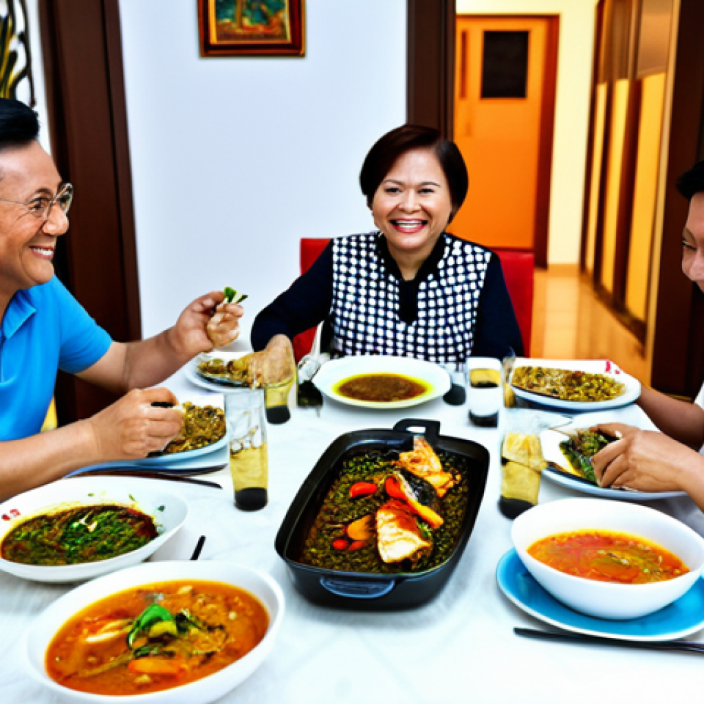 A Malaysian Family Enjoying a Low-Carb Dinner**
"A family of four enjoying a modest and delicious low-carb dinner together at home in Malaysia. The table is set with a spread of colorful vegetables, grilled fish (like *ikan bakar*), and a healthy soup. Everyone is smiling and fully clothed in appropriate attire. Warm, inviting lighting. Safe for work. Appropriate content. Perfect anatomy, natural proportions, well-formed hands. Professional family-friendly photograph, high quality."
**