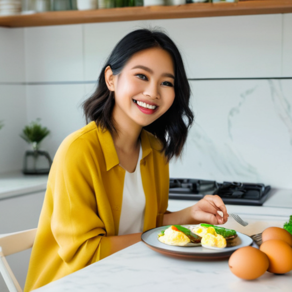 저탄수화물 다이어트와 정신 건강 - A candid, brightly lit close-up shot of a cheerful and energetic young Malaysian woman, late 20s, in...