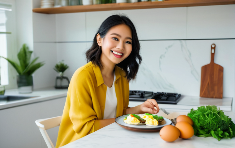 저탄수화물 다이어트와 정신 건강 - A candid, brightly lit close-up shot of a cheerful and energetic young Malaysian woman, late 20s, in...