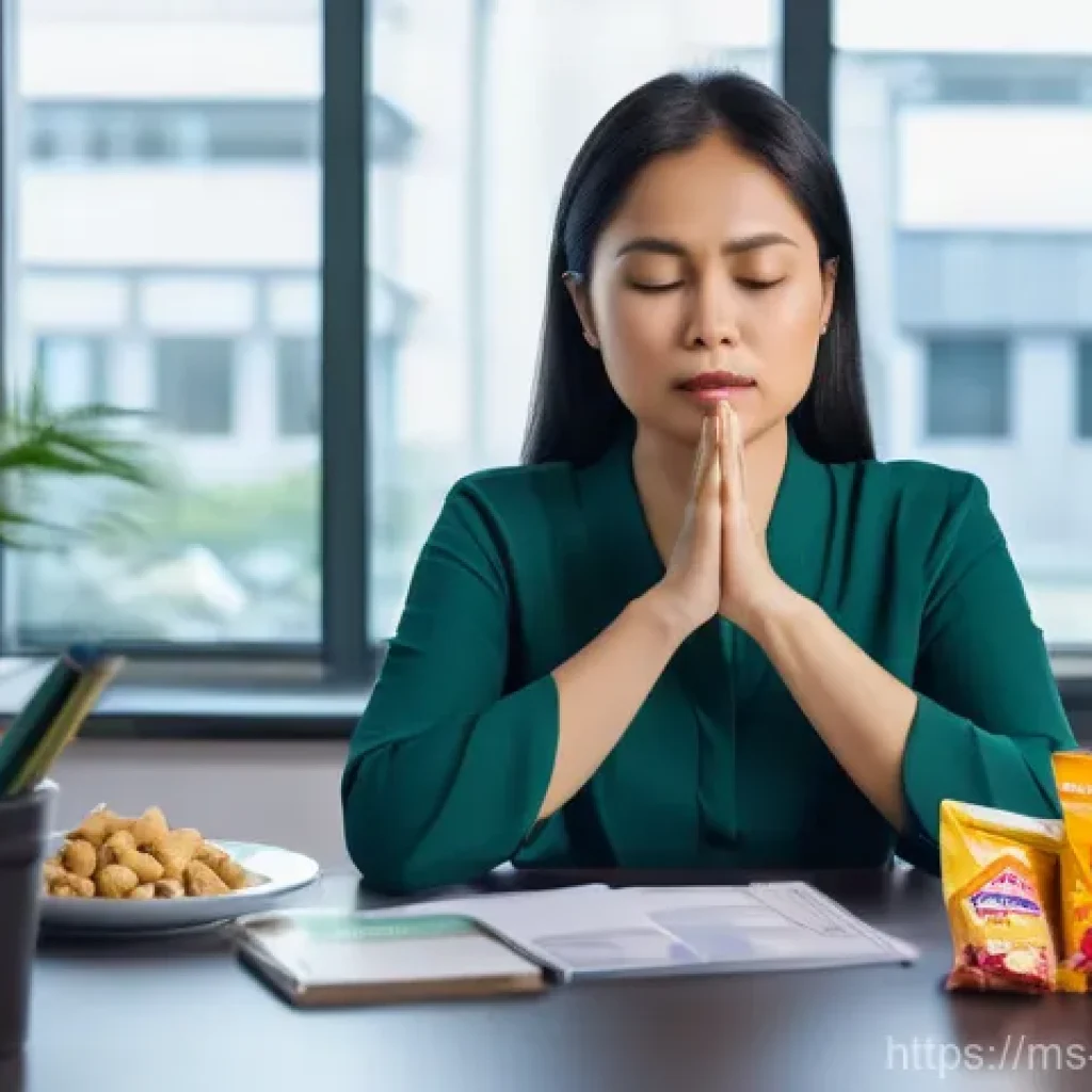 저탄수화물 다이어트를 위한 스트레스 관리 - A professional Malaysian woman, in her mid-30s, is at her desk in a modern, well-organized office. S...