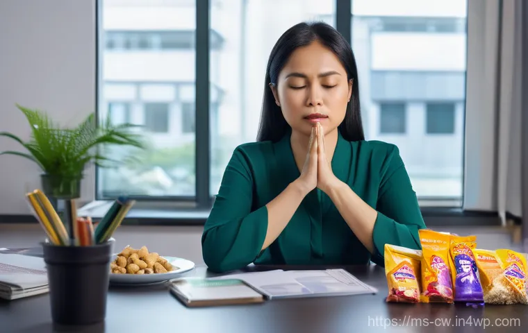 저탄수화물 다이어트를 위한 스트레스 관리 - A professional Malaysian woman, in her mid-30s, is at her desk in a modern, well-organized office. S...