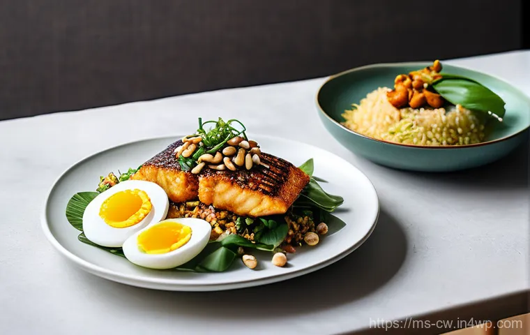 저탄수화물 다이어트와 혈당 조절 - **Prompt 1: "A beautifully arranged Malaysian dining table showcasing two distinct meal options side...