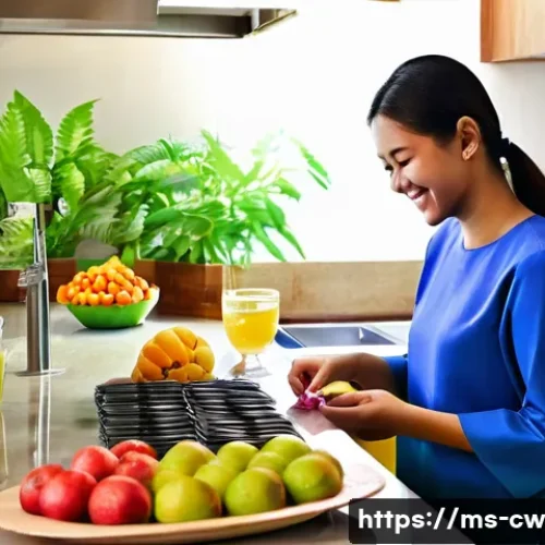 Home 26 저탄수화물 다이어트로 인한 부작용과 예방책 - **Image Prompt:** A brightly lit Malaysian kitchen scene. A young Malay woman, wearing a modest baju...